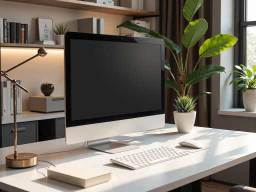 办公设备及劳保用品展示，电脑显示器，打印机，安全帽，防护服整齐摆放，现代办公环境背景