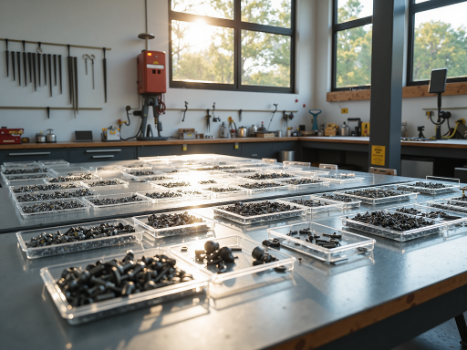 五金紧固件及工器具展示，各种规格螺丝螺母整齐排列，工具箱打开状态，机械工具背景